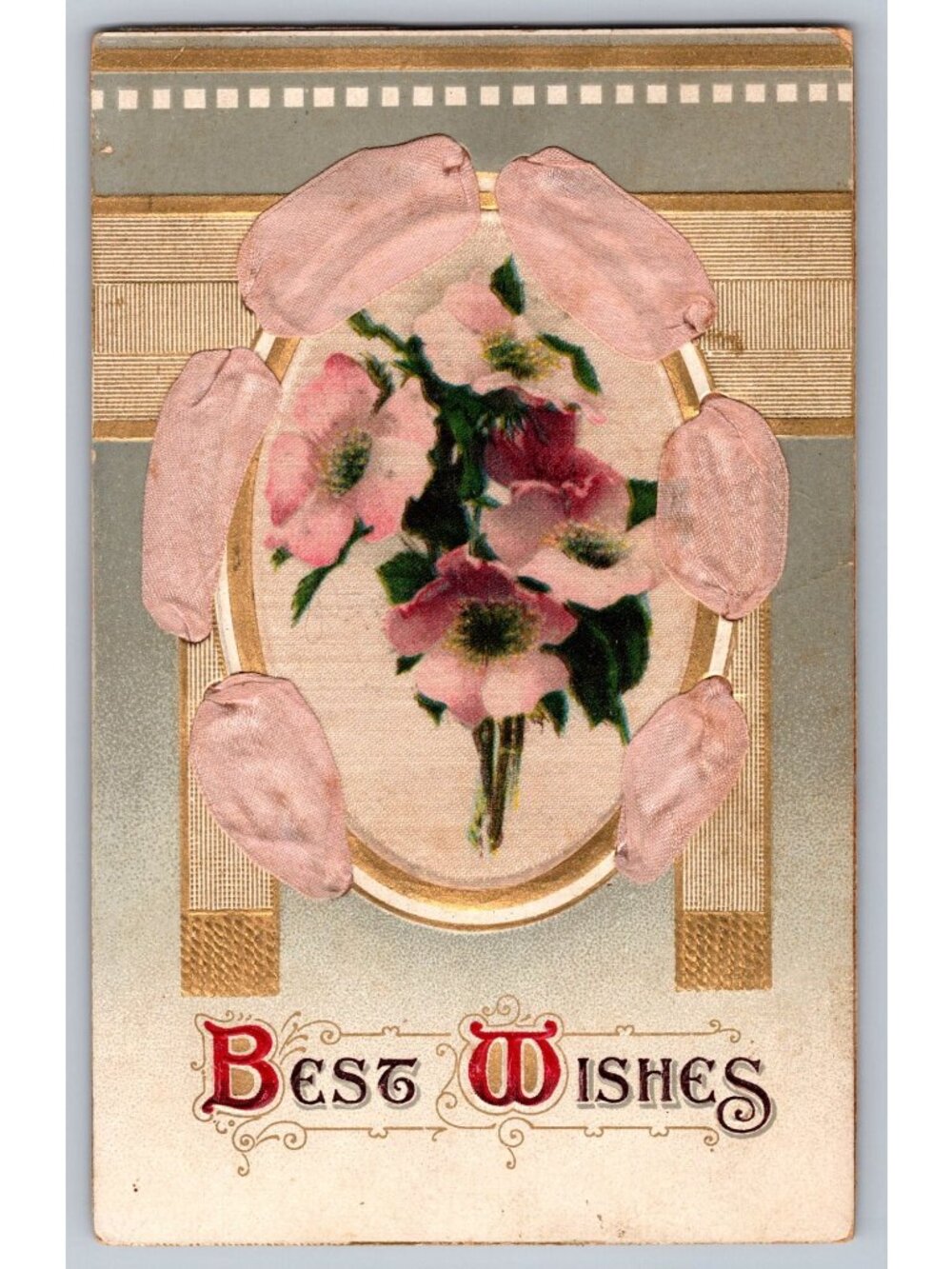 Antique Best Wishes Floral Silk Applique Postcard 1900s Embossed Flowers